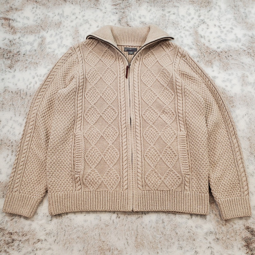 NEW LL Bean Signature Mens M Fisherman Sweater Full Zip RiverRock Beige Slim Fit